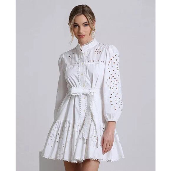 Avec Les Filles Dresses & Skirts - Avec Les Filles Women's White Eyelet Cotton Lined Shirt Dress Size 8